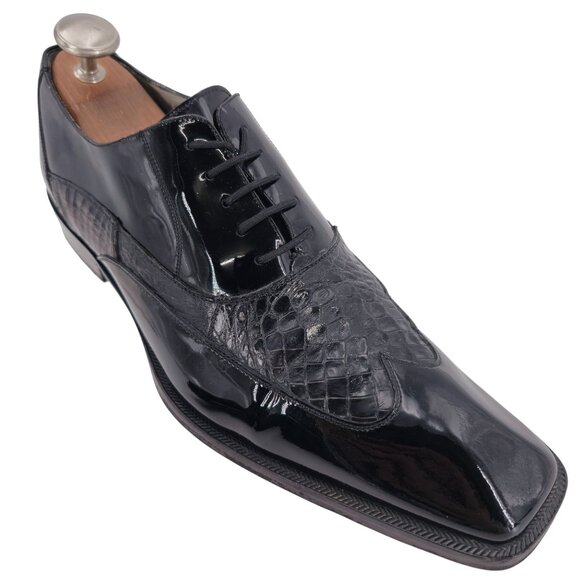 Belvedere Crocodile Exotic Formal Men's 11.5 Black Patent Leather Tuxedo Shoes - Picture 1 of 12